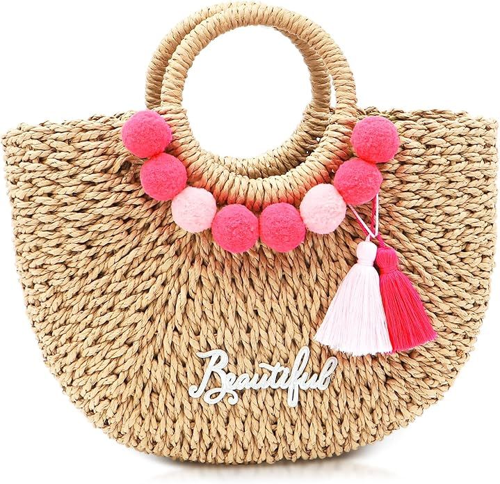 Tote bags for Women, Beach Bag, Pink Furballs and Tassels Straw Bag, Large Capacity Handbag, Cros... | Amazon (US)