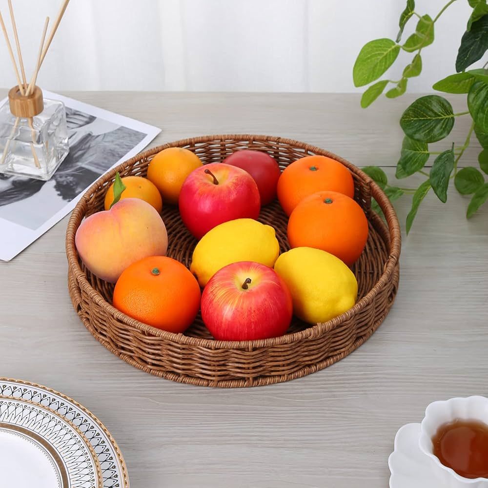 Rattan Round Serving Tray Coffee Table Decorative Tray Wicker Tray with Handles, Hand Woven Fruit... | Amazon (US)