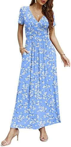 CATHY Maxi Dresses for Women Short Sleeve V-Neck Casual Long Summer Wrap Dress with Pockets | Amazon (US)