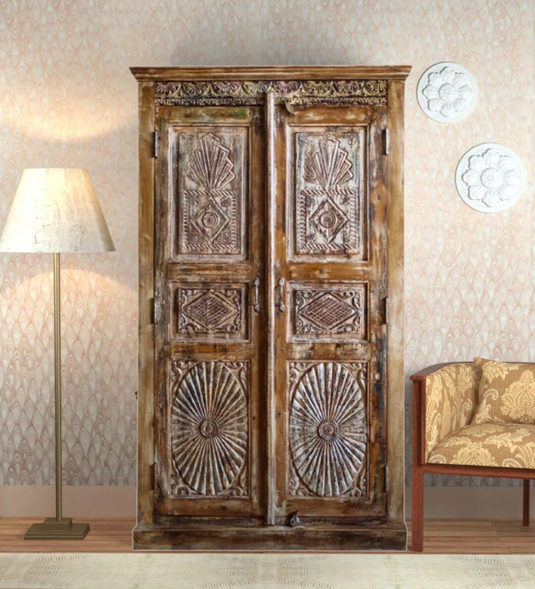 Antique Whitewash Armoire Sunrays Carved Rustic Large - Etsy Canada | Etsy (CAD)