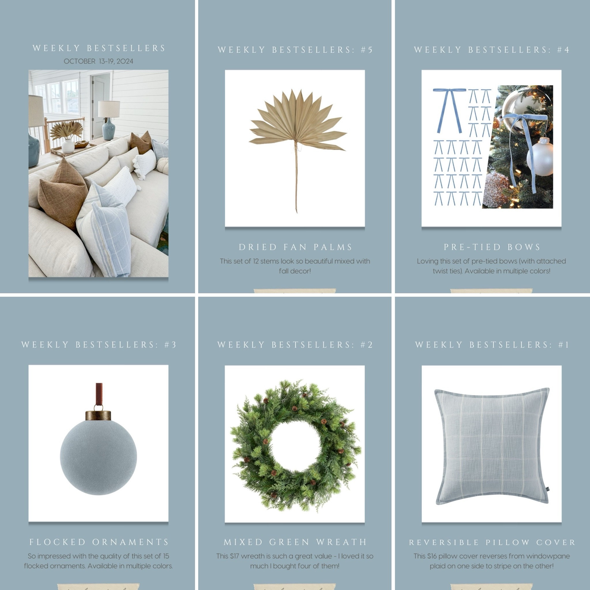 My bestsellers this week include these dried fan palms, pre-tied velvet bows, flocked ornaments, mixed evergreen wreath, and these $16 reversible plaid pillows! #ltkfindsunder50 #ltkfindsunder100 #ltkholiday #ltkseasonal #ltkhome

#LTKHome #LTKFindsUnder50 #LTKHoliday