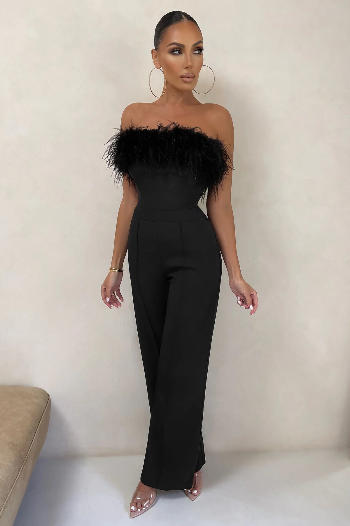 First Class | Black Bandeau Feather Wide Leg Jumpsuit | Club L London