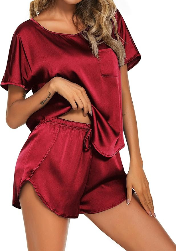 Ekouaer Womens Silk Satin Pajamas Set Short Sleeve Top and Shorts Two-Piece Pjs Silky Sleepwear N... | Amazon (US)