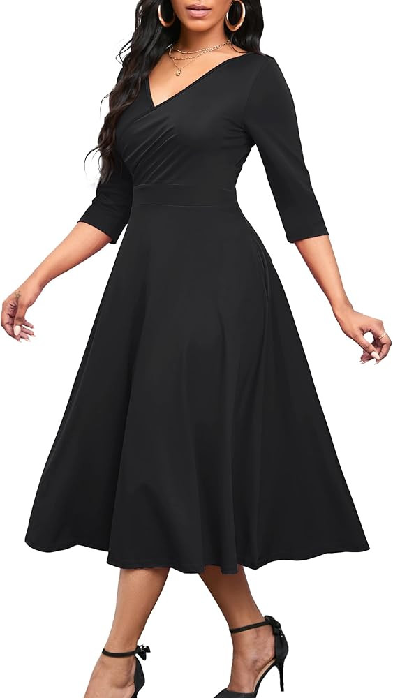 Nmoder Women's Casual Wrap Flared Midi Dress Wedding Guest Cocktail Tea Dresses A-Line Swing V-Ne... | Amazon (US)