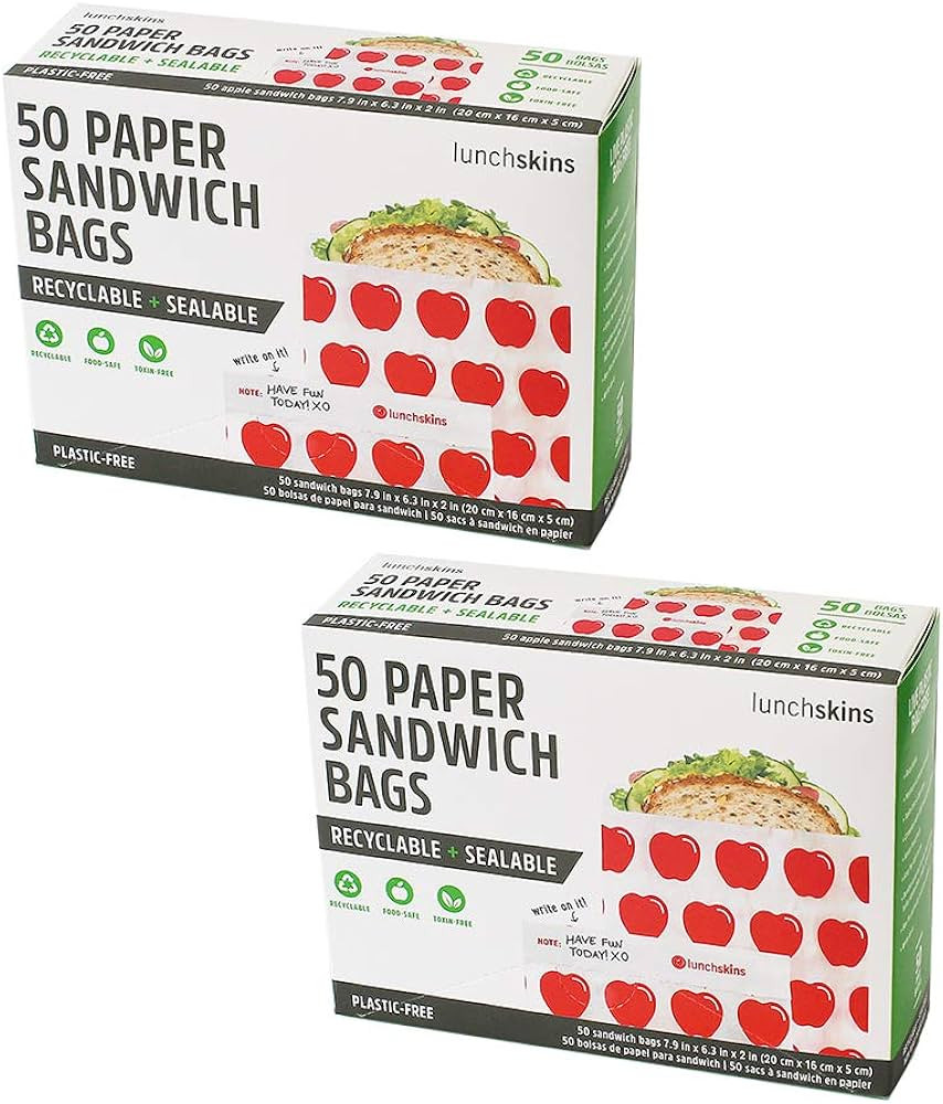 Lunchskins Recyclable + Sealable Paper Sandwich Bags, w/Closure Strip, 100-Count, Apple, 2-Pack | Amazon (US)