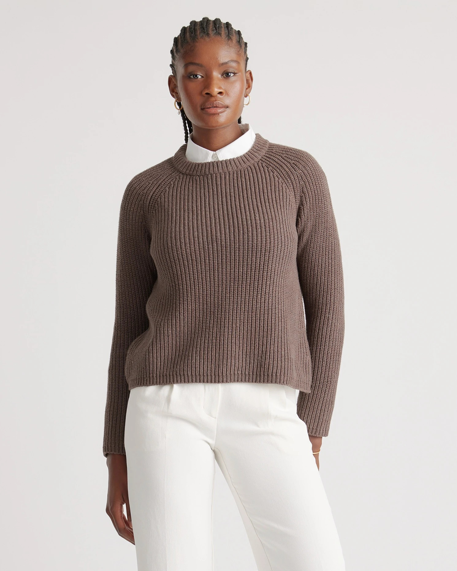 Women's 100% Organic Cotton Fisherman Crew Sweater in Heather Brown | Quince