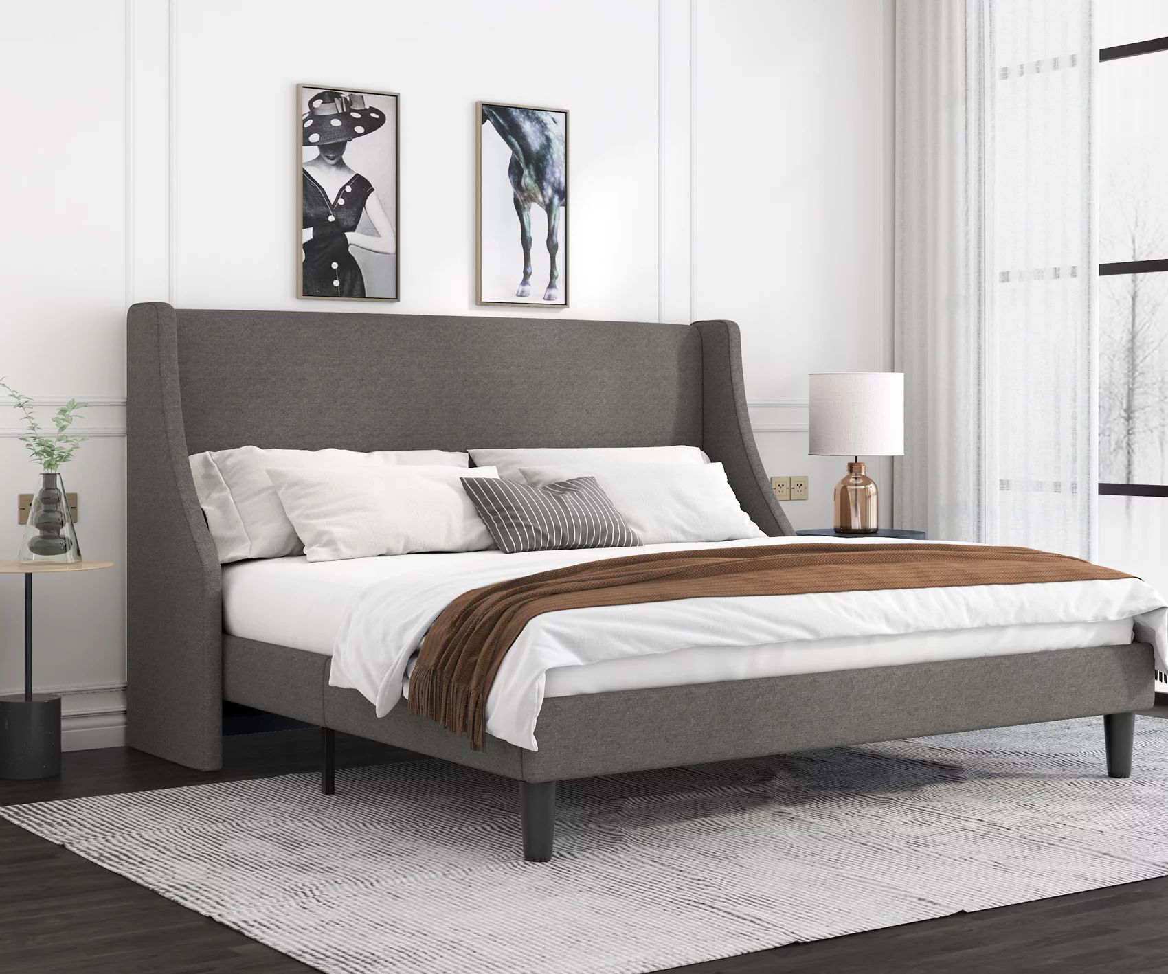 Allewie King Size Fabric Upholstered Platform Bed Frame with Wingback Headboard, Light Grey | Walmart (US)