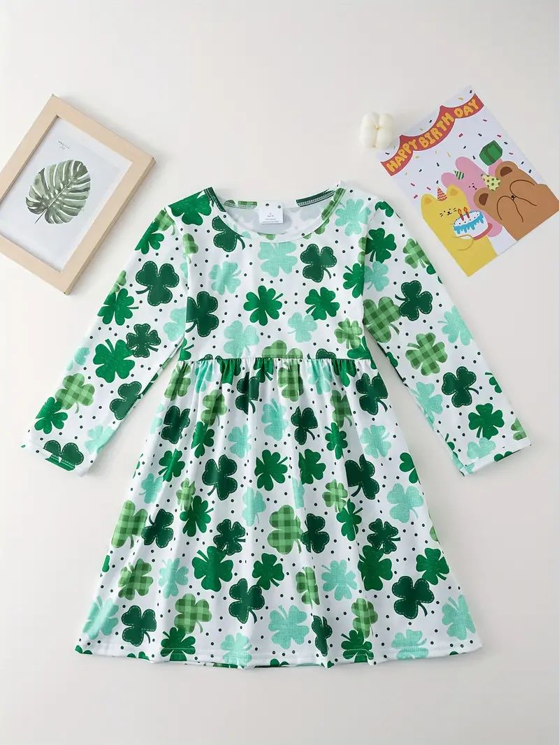 Girls Clover Pattern Allover Print Long Sleeve Dress For Spring Fall St. Patrick's Day Gift | Temu Affiliate Program
