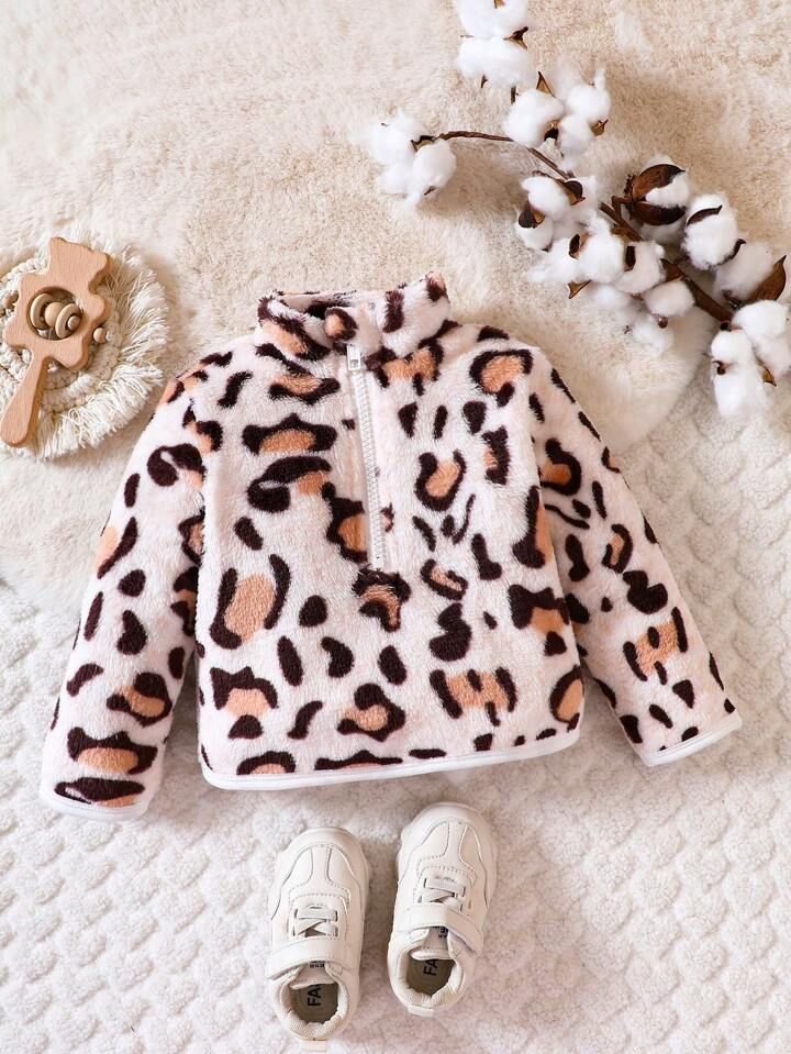 Baby Girl Leopard Pattern Half Zip Teddy Sweatshirt | SHEIN
