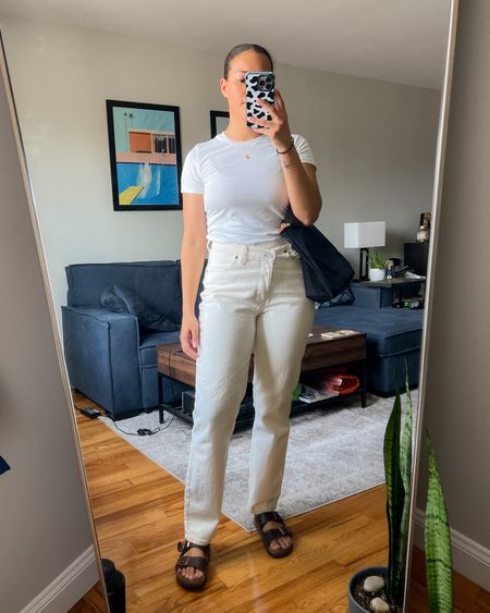 Comfy sandals, birkenstock arizona sandals, white jeans, cream jeans, fitted white t-shirt, easy spring ootd, casual spring outfits, all white outfit, monochromatic outfit

#LTKstyletip #LTKSeasonal