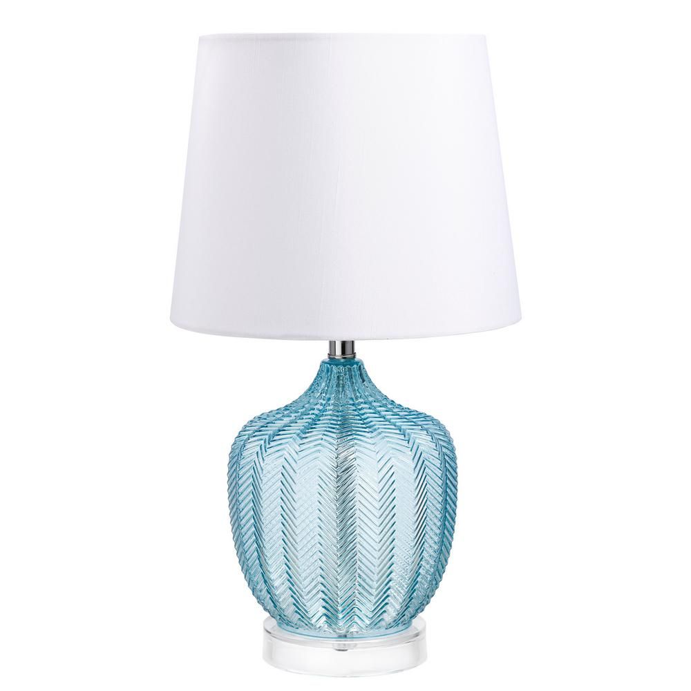 Merra 17.75 in. Aqua Blue Glass Table Lamp with Fabric Shade | The Home Depot