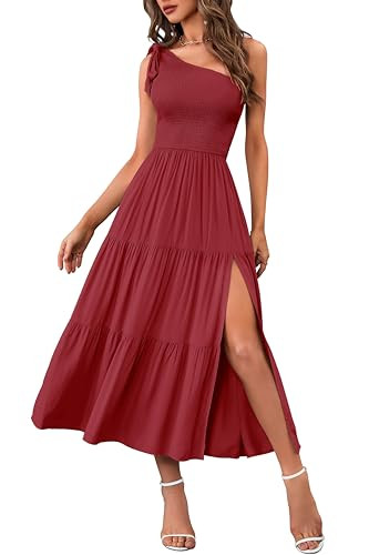 MEROKEETY Women's 2026 Summer Sleeveless Midi Dress One Shoulder Knot Smocked Split Formal Cocktail Wedding Guest Dresses, Wine, XL | Amazon (US)