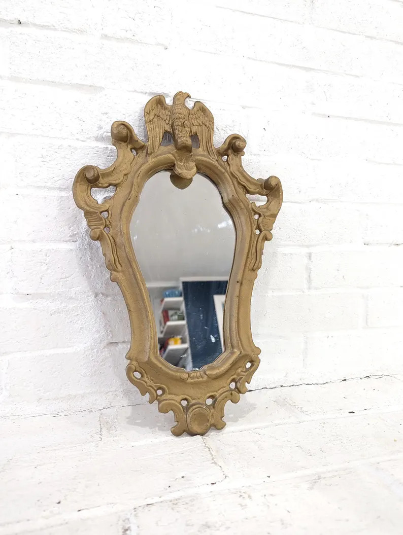 Vintage Ornate Mirror // Iron Art Co. Cast Metal Framed Mirror, Small 17" Wall Hanging Mirror, Fe... | Etsy (US)