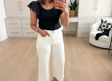 Wearing an xs in ribbed tee, I love the eyelet detail on the sleeve. Such a great basic! I wear a 25 short in this wide leg denim. Both are my true size 

#LTKstyletip #LTKover40 #LTKsalealert
