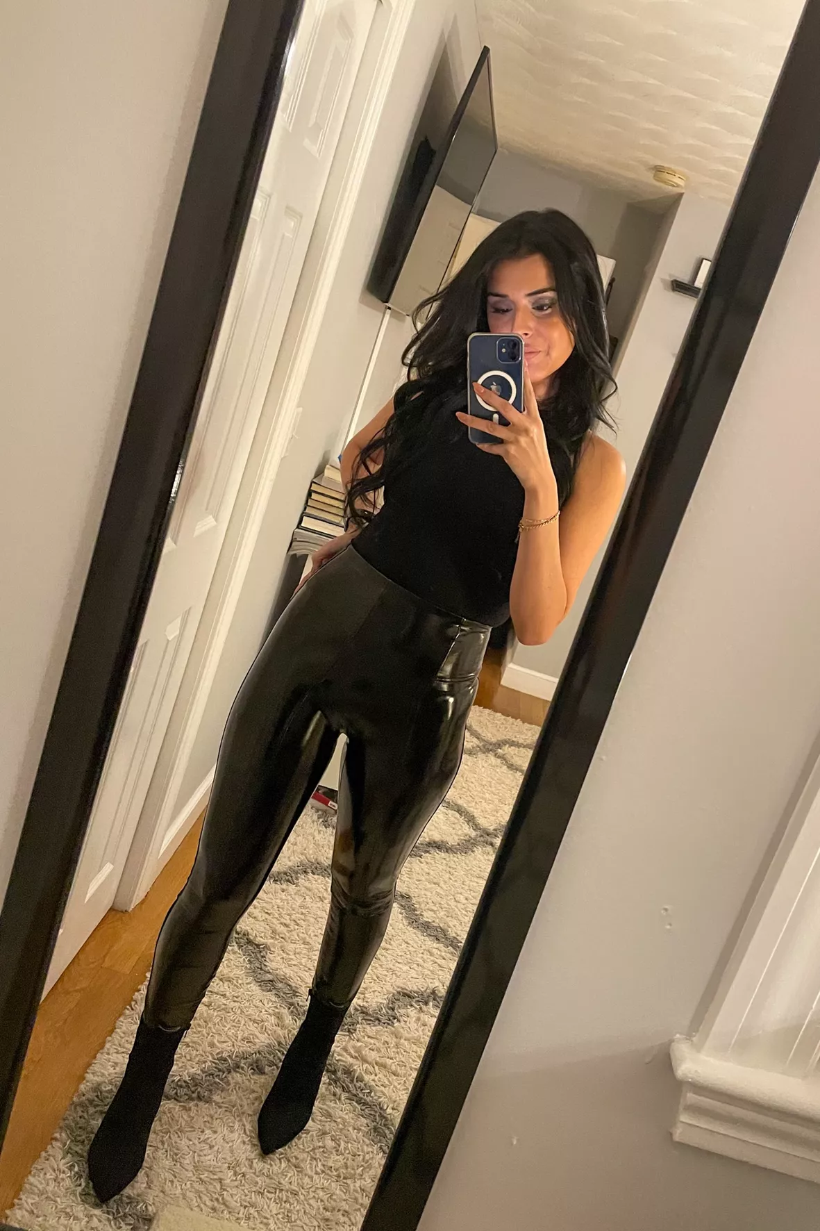 Amateur selfie black patent leather pants