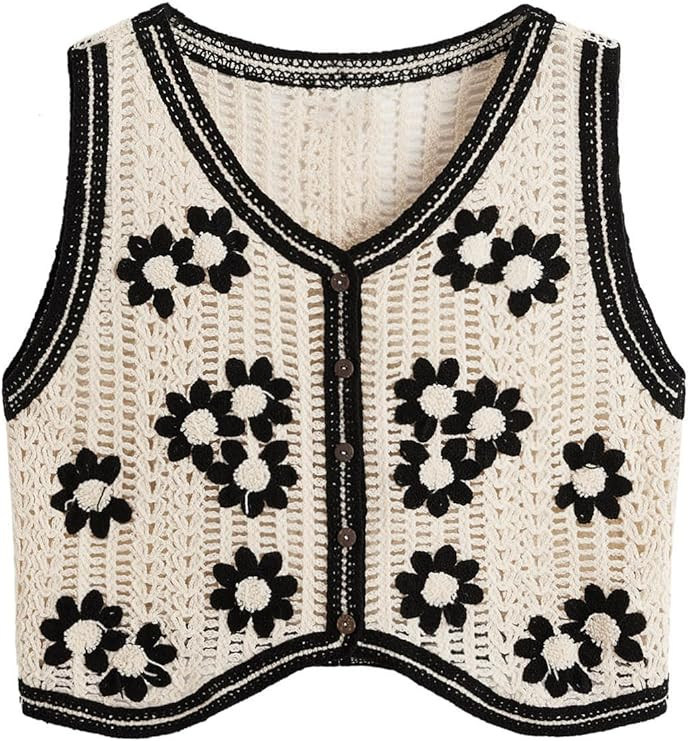 Verdusa Women's Button Front V Neck Sleeveless Floral Pattern Knit Sweater Vest | Amazon (US)