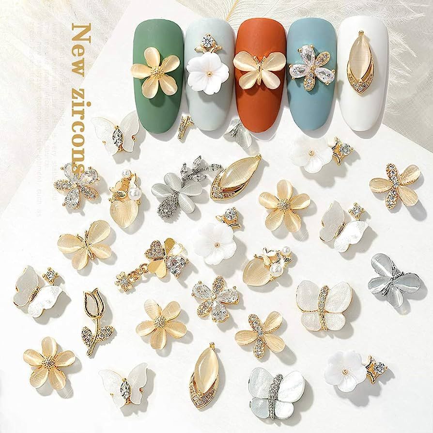 15Pcs Nail Art Crystal Butterfly Peal Color Butterfly Mix Shapes Zircon Dangle AB Rhinestones Nai... | Amazon (US)