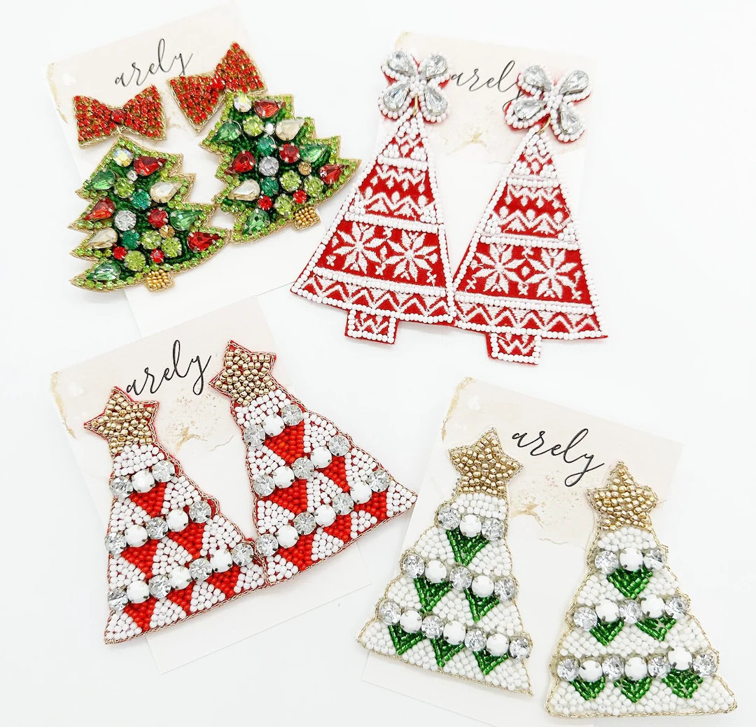 Beaded Christmas Tree Earrings: Rhinestone Holiday Statement Earrings - Etsy | Etsy (US)