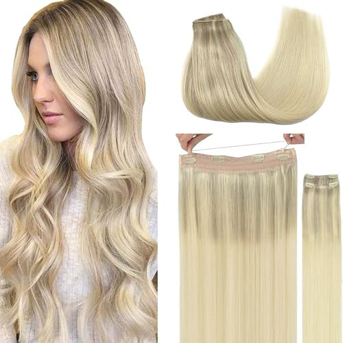 GOO GOO Wire Hair Extensions Human Hair, 17/22/60 Ash Blonde with Golden Blonde and Platinum Blonde Balayage 20inch 140g, Invisible Wire Hair Extensions with Transparent, Seamless Fish Line Hairpiece | Amazon (US)