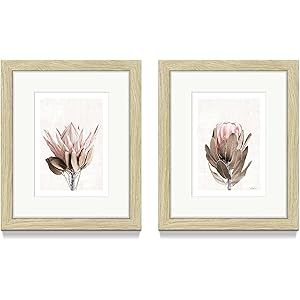 Framed Floral Wall Art Sets – Pink Protea Flower Photographs Prints with Beige Wood Frame for Bathro | Amazon (US)