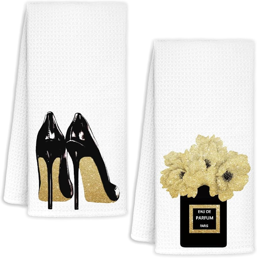 AQYIP Gold and Black Towels for Bathroom Kitchen Decor, Funky Modern Perfume and High Heels Decor... | Amazon (US)