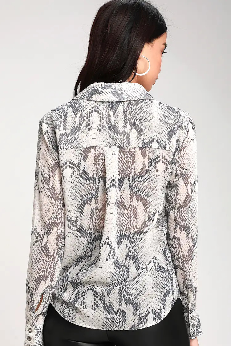 Snake it Off Grey Snake Print Sheer Button-Up Top | Lulus