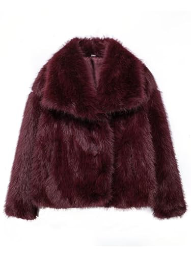 Women Faux Fur Coat Long Sleeve Lapel Collar Warm Winter Coat Outwear Streetwear (Burgundy, XS) | Amazon (US)