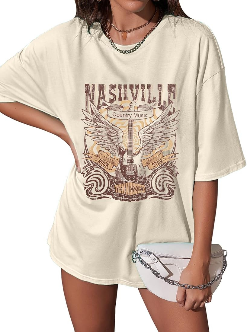 Women's Oversized Country Music Shirts Nashville Concert Outfit Casual Rock Band Tshirt Vintage G... | Amazon (US)