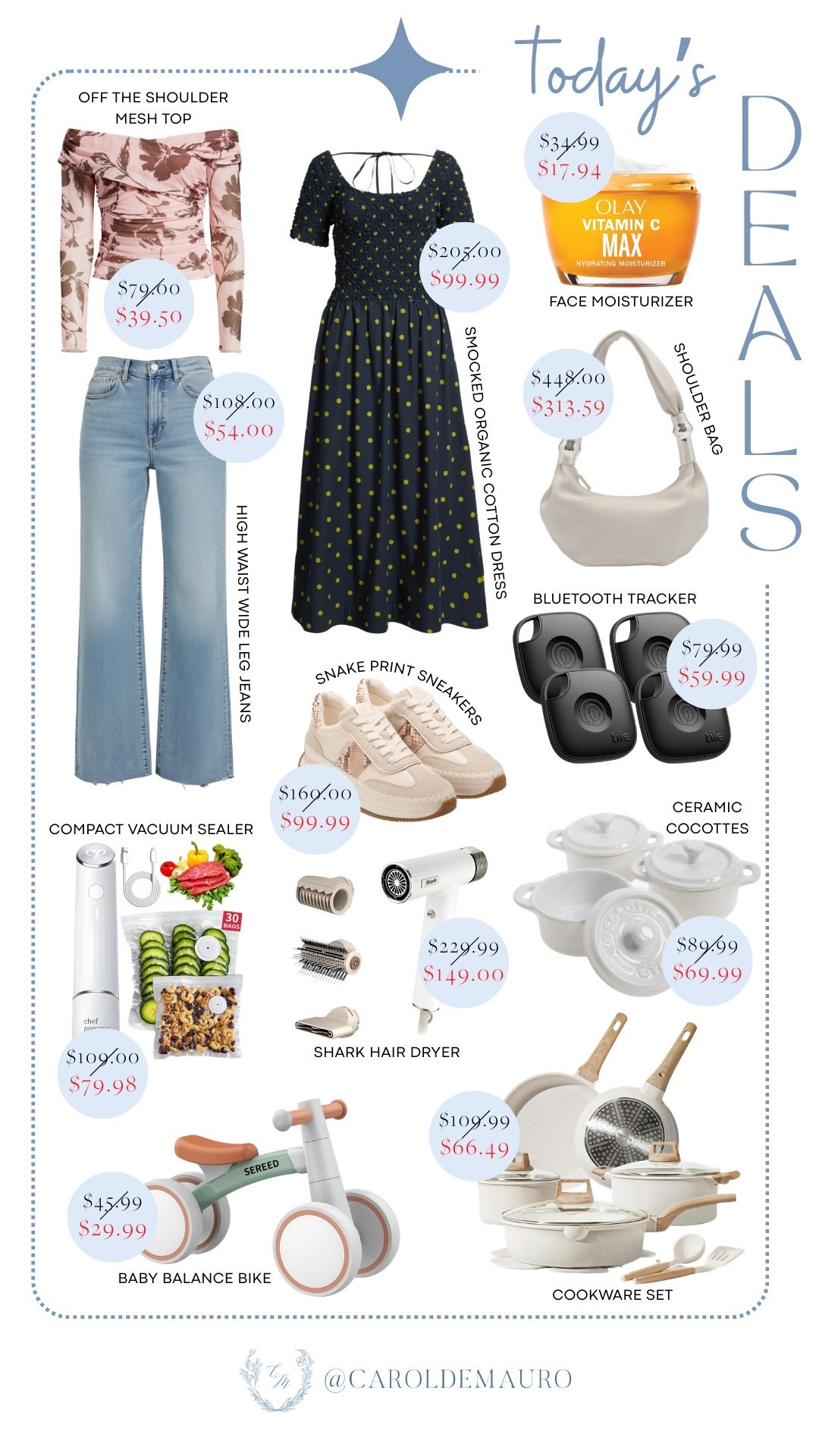 Check out today's deals from an off-the-shoulder mesh top, smocked cotton dress, high waist wide leg jeans, shoulder bag, Olay face moisturizer, vacuum sealer, Shark hair dryer, to a baby balance bike, and many more!

on sale now, spring fashion, transitional outfits, bluetooth tracker, beauty finds, home chef, toddler toys, hair care

#LTKSaleAlert #LTKSeasonal #LTKU