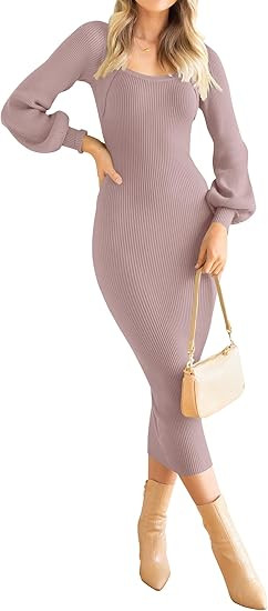 ZESICA Women's 2026 Square Neck Ribbed Knit Dress Puff Long Sleeve Slim Fit Bodycon Fall Winter P... | Amazon (US)