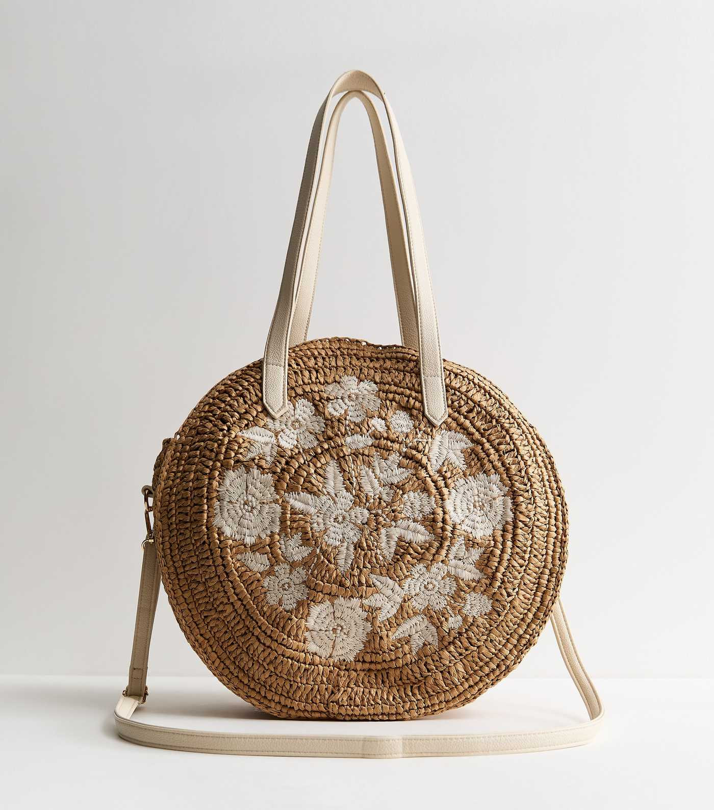 Stone Floral Embroidered Woven Raffia Circular Bag | New Look | New Look (UK)