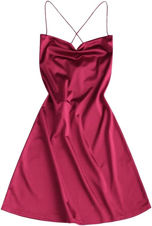 ZAFUL Women's Satin Sleeveless Spaghetti Strap Mini Dress Side Slit Cowl Neck Cocktail Party Dres... | Amazon (US)