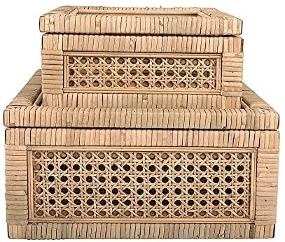 Creative Co-Op Cane and Rattan Glass Lid, Set of 2 Display Boxes, Natural | Amazon (US)