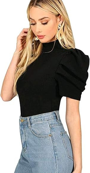 Floerns Women's Frill Neck Puff Sleeve Solid Tee Blouse Tops | Amazon (US)