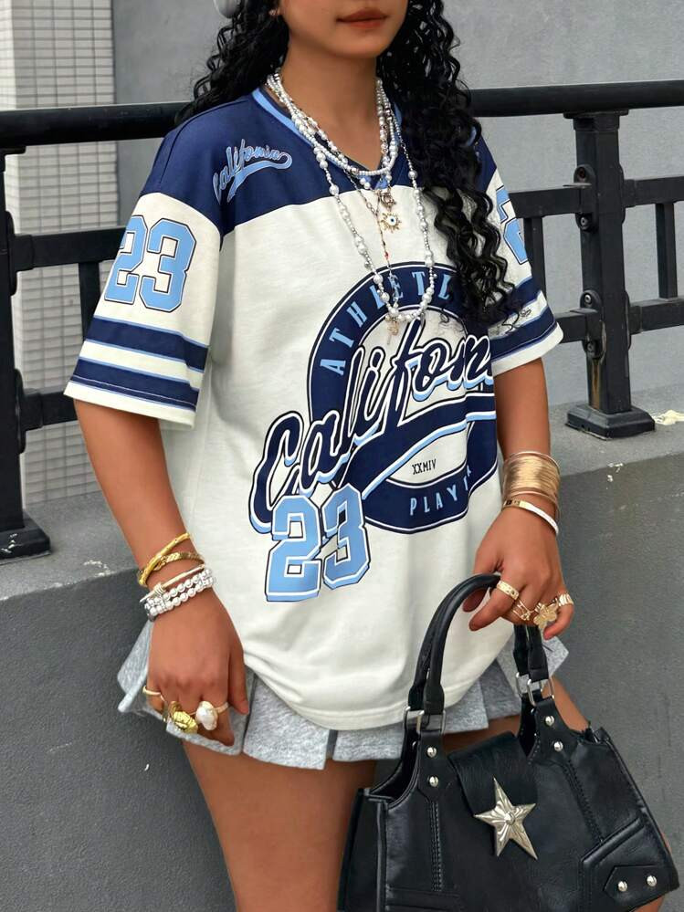 Rovax Plus Size V-Neck Striped & Letter Print Short Sleeve T-Shirt, Summer | SHEIN