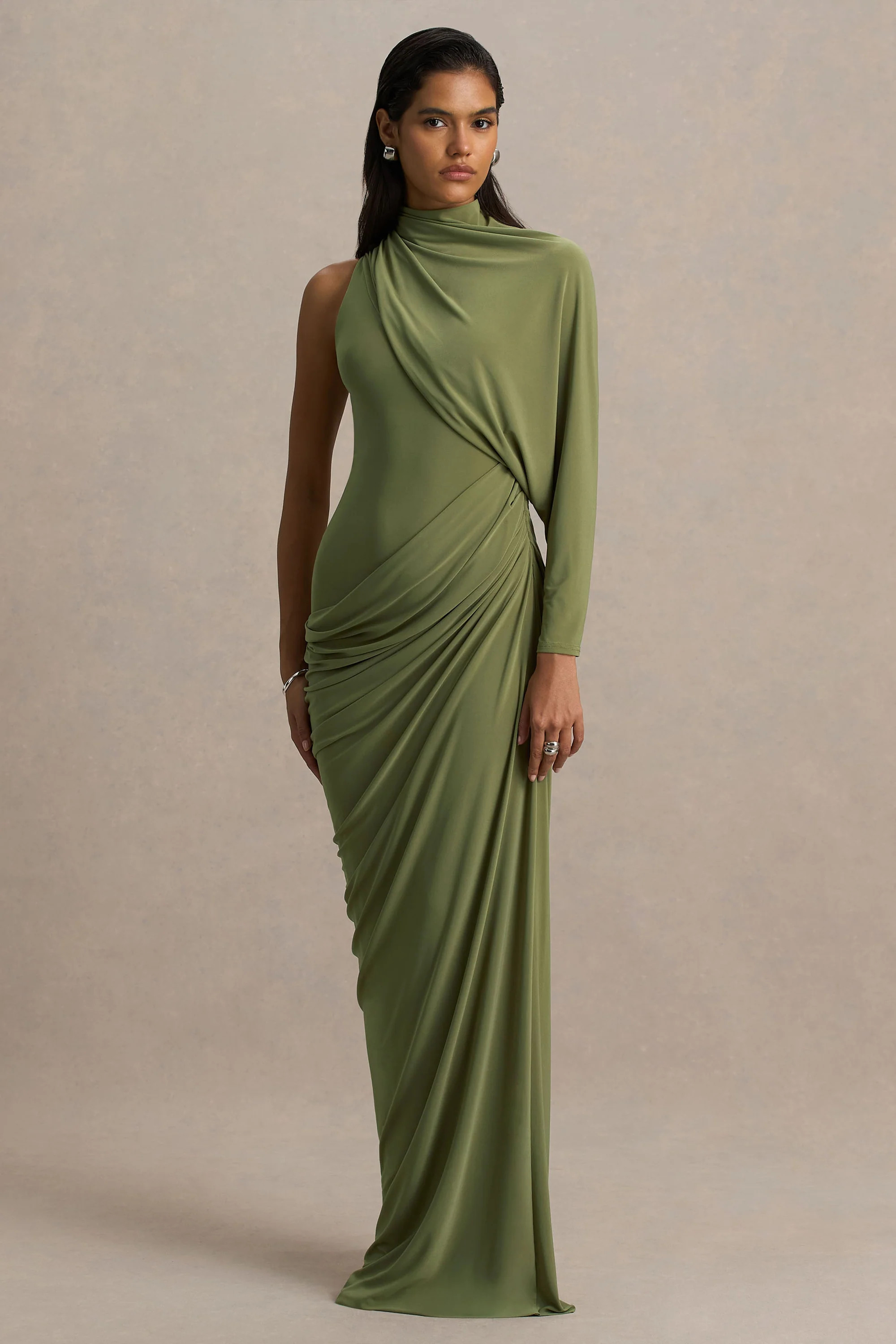 Aphra | Green High-Neck Maxi Dress With Cape-Sleeve | Club L London