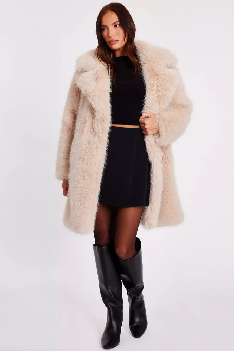 Home/Stone Faux Fur Longline Coat | Quiz Clothing