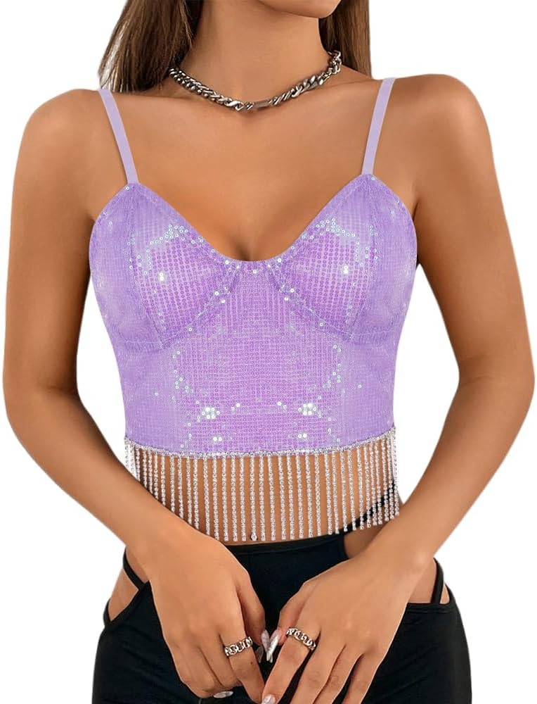 Giovacker Women's Sexy V-Neck Spaghetti Strap Sparkle Sequined Crop Tops Tube Top Bustier Tank Ra... | Amazon (US)
