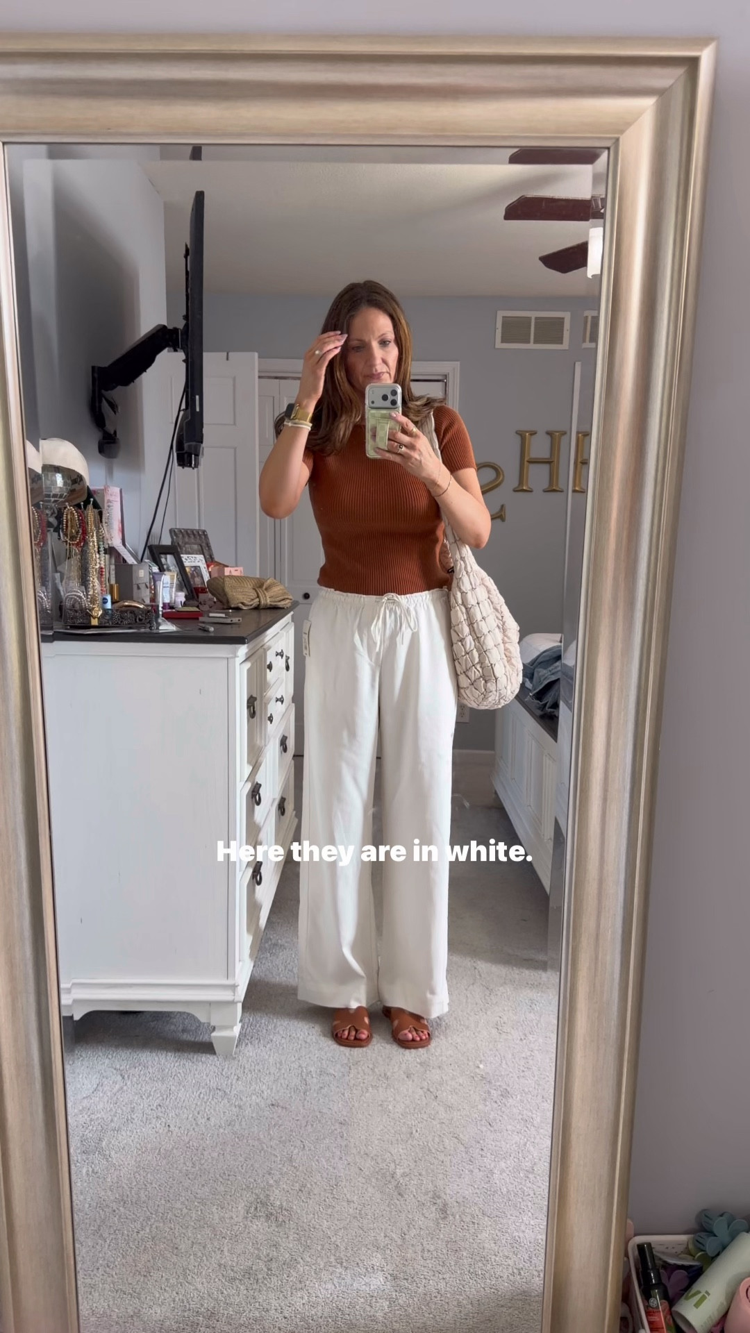 The Aritzia dupe viral pants in white, dressed up for work. 

Wearing a medium