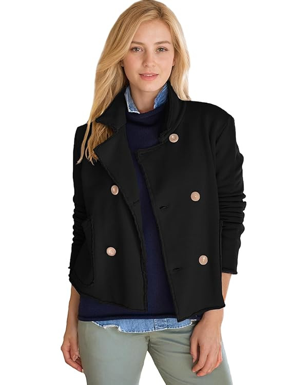 Women's Cropped Pea Coat Notched Lapel Double Breasted Trench Overcoat Blazer Jacket with Pockets | Amazon (US)