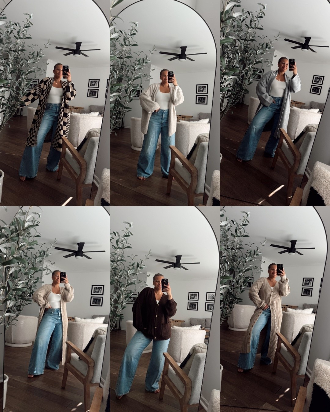 Amazon cardigans 

XL: checkered cardigan, grey cardigan, long dress/cardigan 
L: brown with gold buttons and beige drapey cardigan 
Size 33 in jeans 