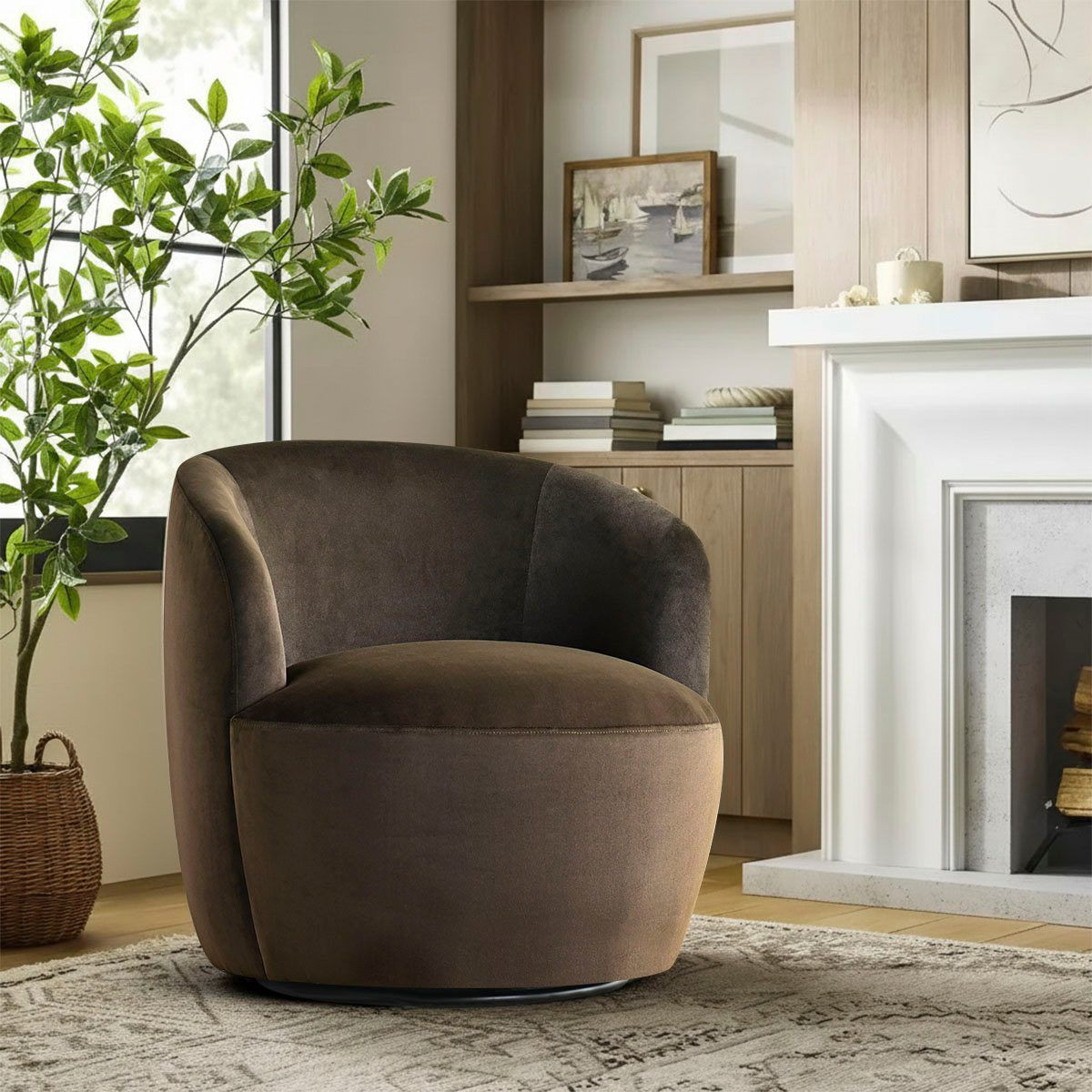 Modern Chocolate Velvet Swivel Accent Chair, Upholstered Barrel Chair with 360° Rotation, Lounge... | Target