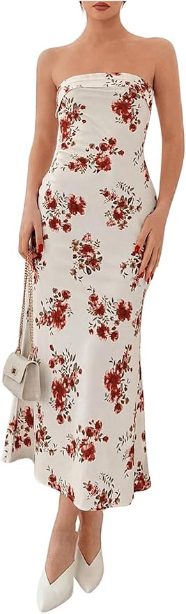 OYOANGLE Women's Floral Print Sleeveless Strapless Draped Backless Bodycon Summer Maxi Tube Dress | Amazon (US)