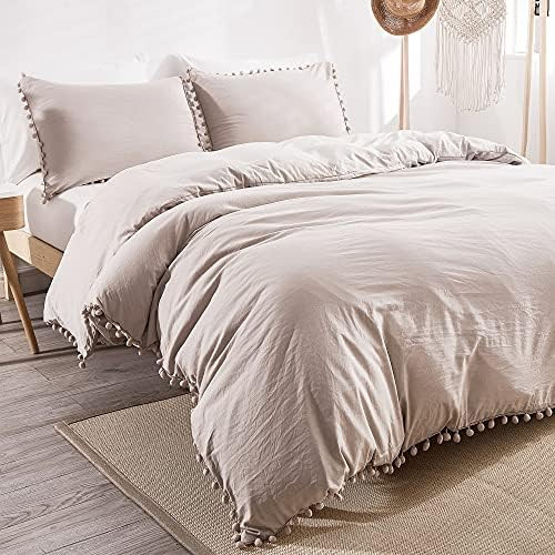 Andency Pom Pom Fringe Duvet Cover Queen Size (90x90 Inch), 3 Pieces (1 Solid Khaki Duvet Cover, 2 P | Amazon (US)