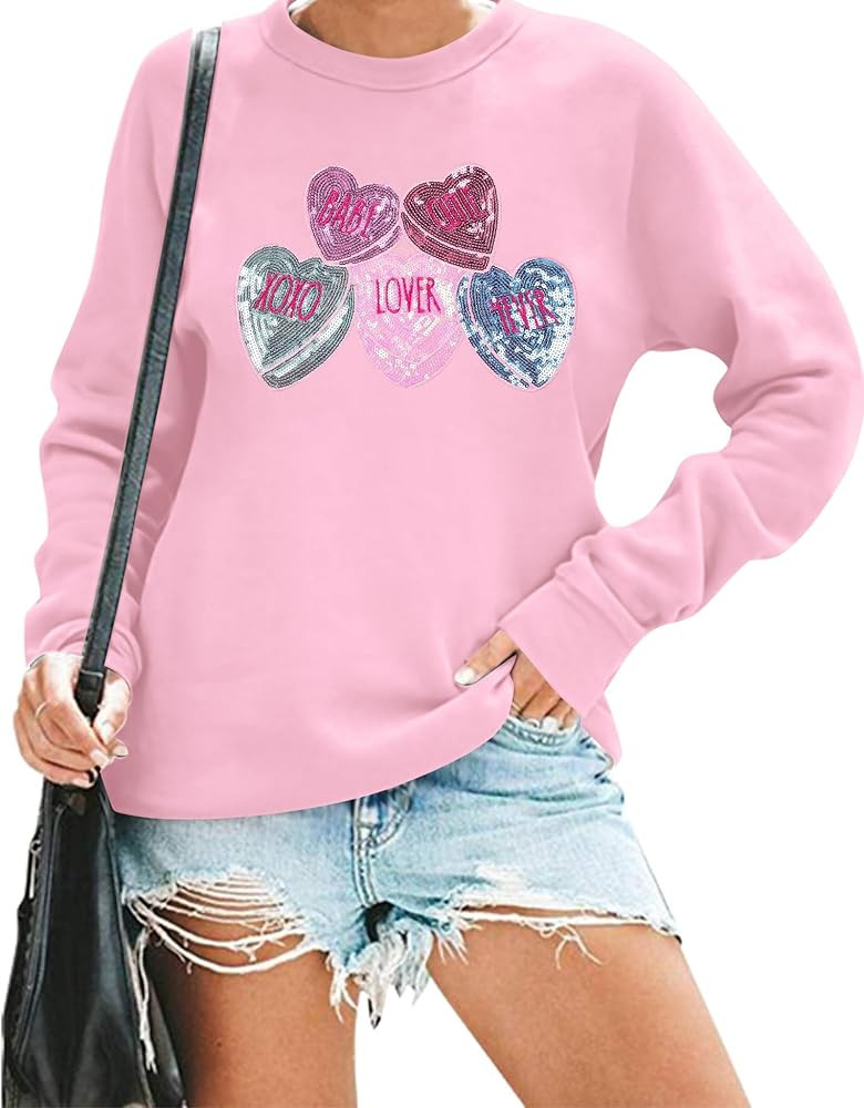 FAYALEQ Valentines Sweatshirt Women Love Heart Graphic Long Sleeve Shirt Cute Valentine's Day Pul... | Amazon (US)