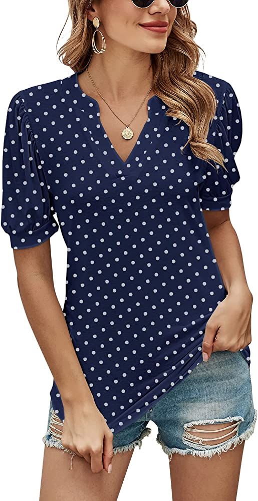 Romanstii Women Casual V-Neck T-Shirts Loose Puff Short Sleeve Tops Tunic Blouses | Amazon (US)