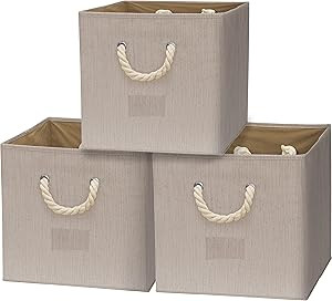 Simple Houseware 13" Cube Storage Bin With Braided Rope Handles, 3 Pack, Beige | Amazon (US)