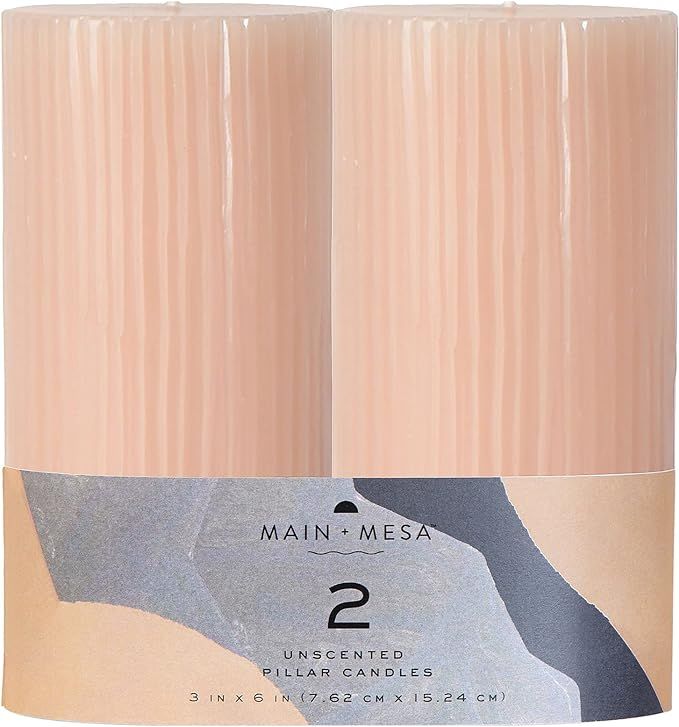 Main + Mesa Unscented Ribbed Pillar Candles, Set of 2, 3"x6", Blush Taupe | Amazon (US)