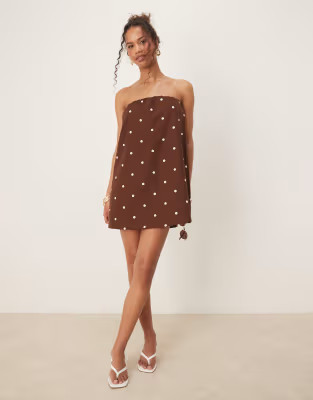 ASOS DESIGN bandeau trapeze mini dress in choc polka dot | ASOS (Global)
