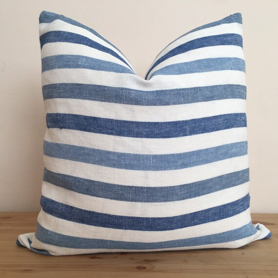 blue white stripe pillow cover, wide stripe pillow, blue farmhouse pillow, blue linen pillow, ham... | Etsy (US)